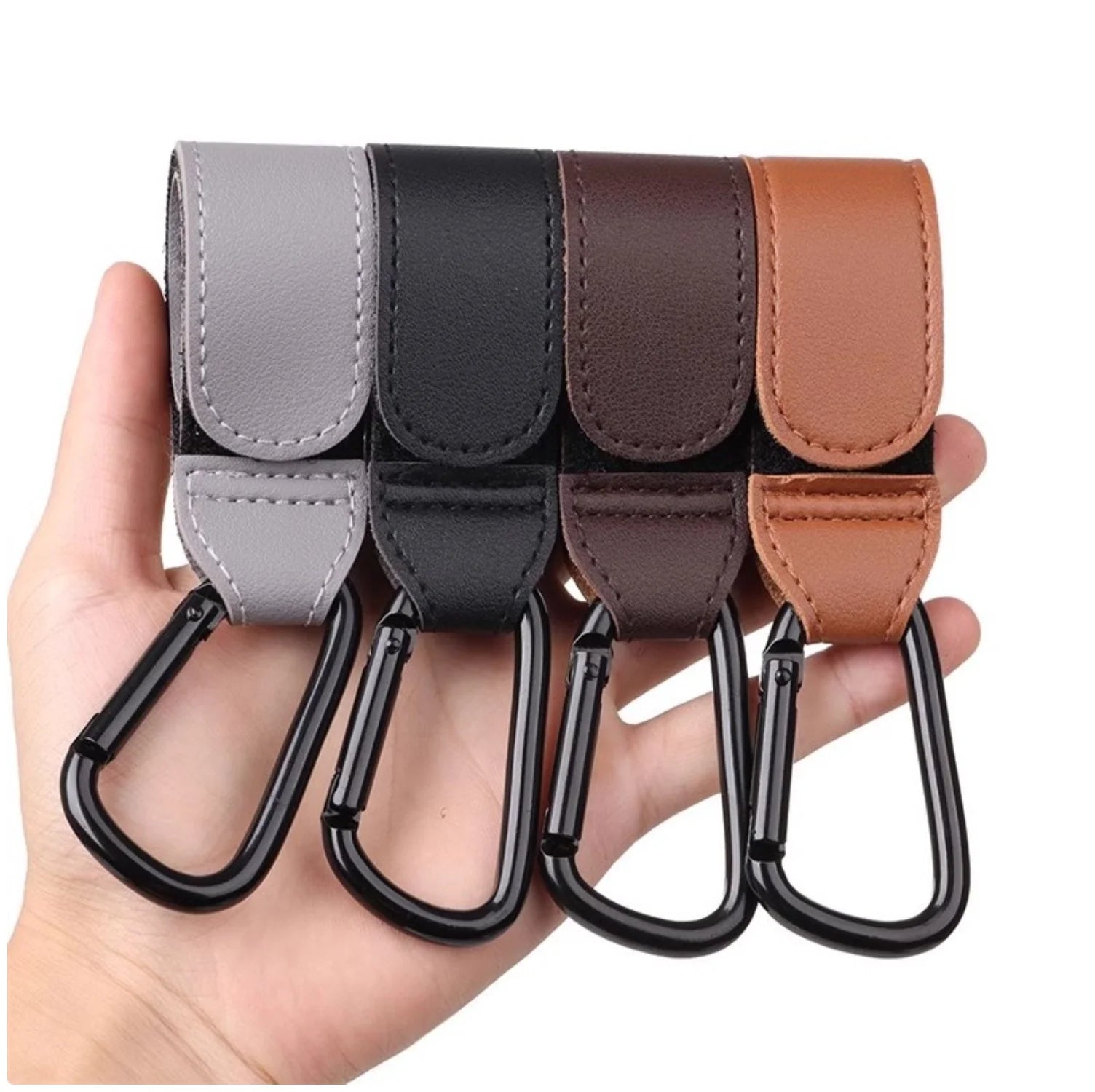 Premium PU Leather Stroller Hooks - 2 Pack Heavy Duty Stroller Organizer Hooks for Baby Carriage, Diaper Bags & Groceries
