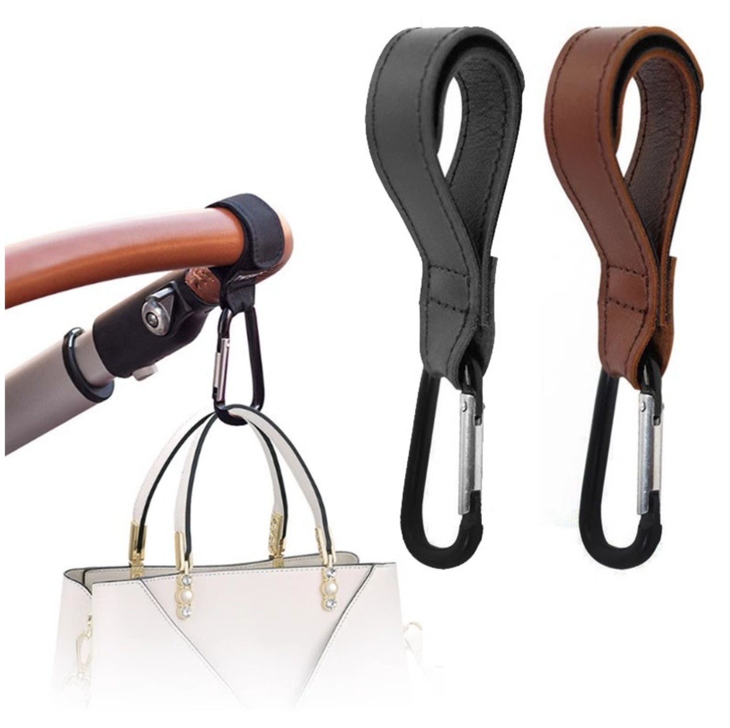 Premium PU Leather Stroller Hooks - 2 Pack Heavy Duty Stroller Organizer Hooks for Baby Carriage, Diaper Bags & Groceries