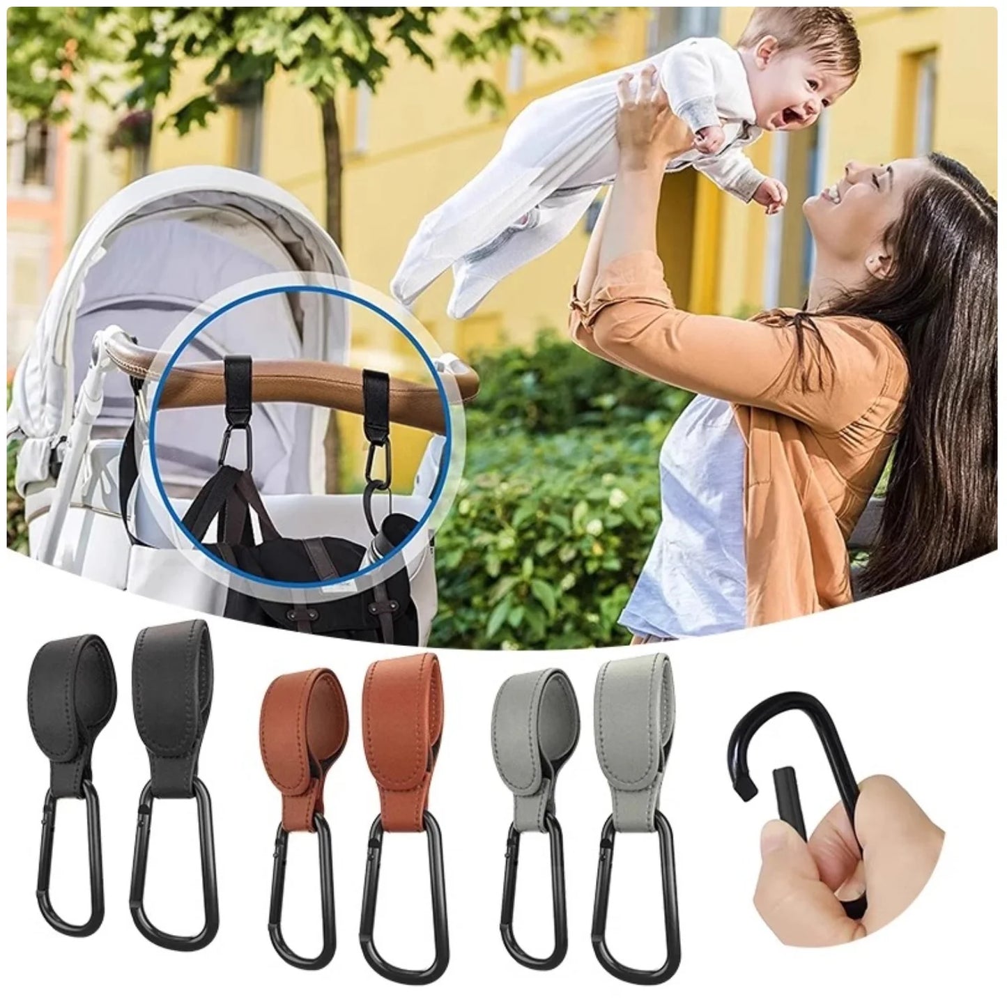 Premium PU Leather Stroller Hooks - 2 Pack Heavy Duty Stroller Organizer Hooks for Baby Carriage, Diaper Bags & Groceries