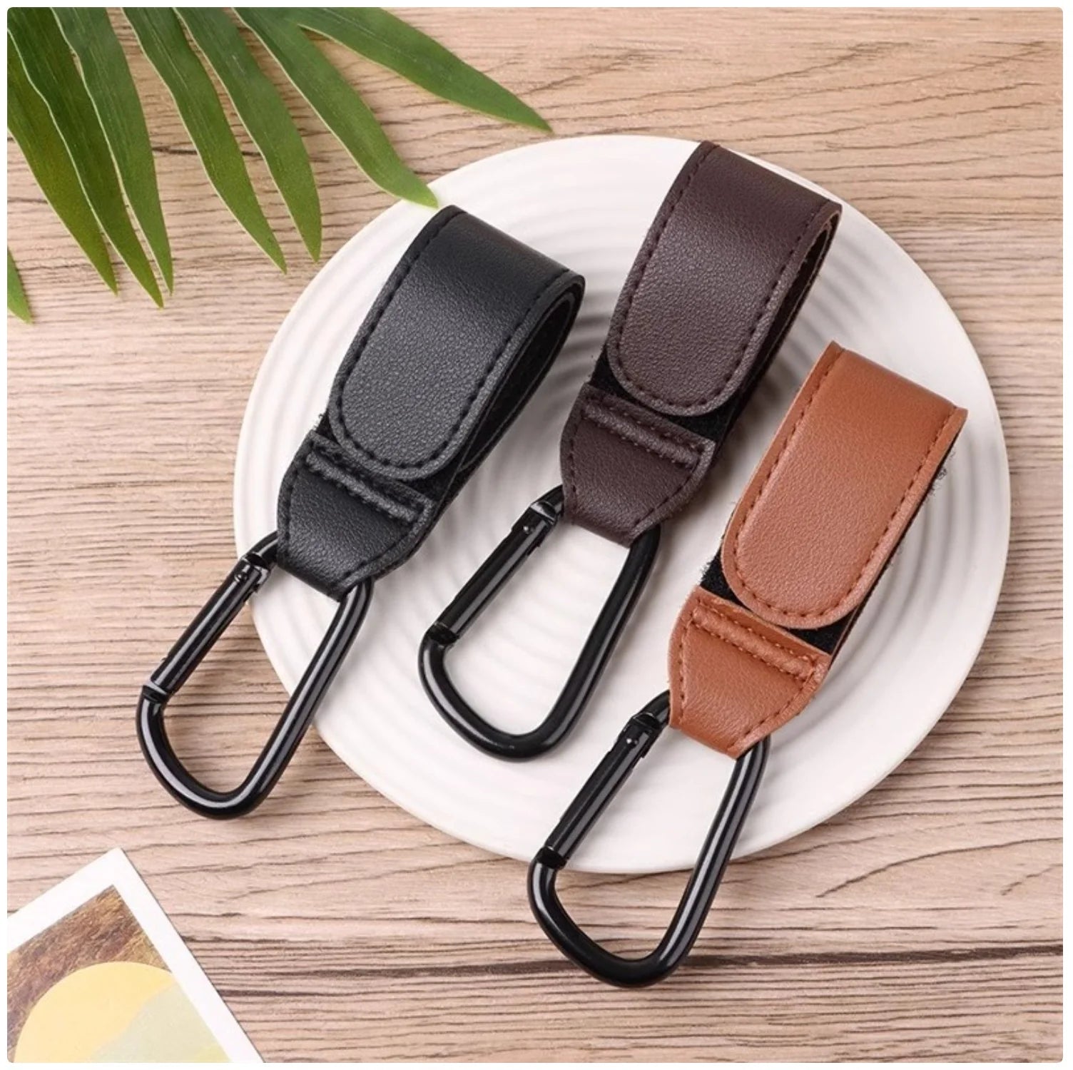 Premium PU Leather Stroller Hooks - 2 Pack Heavy Duty Stroller Organizer Hooks for Baby Carriage, Diaper Bags & Groceries