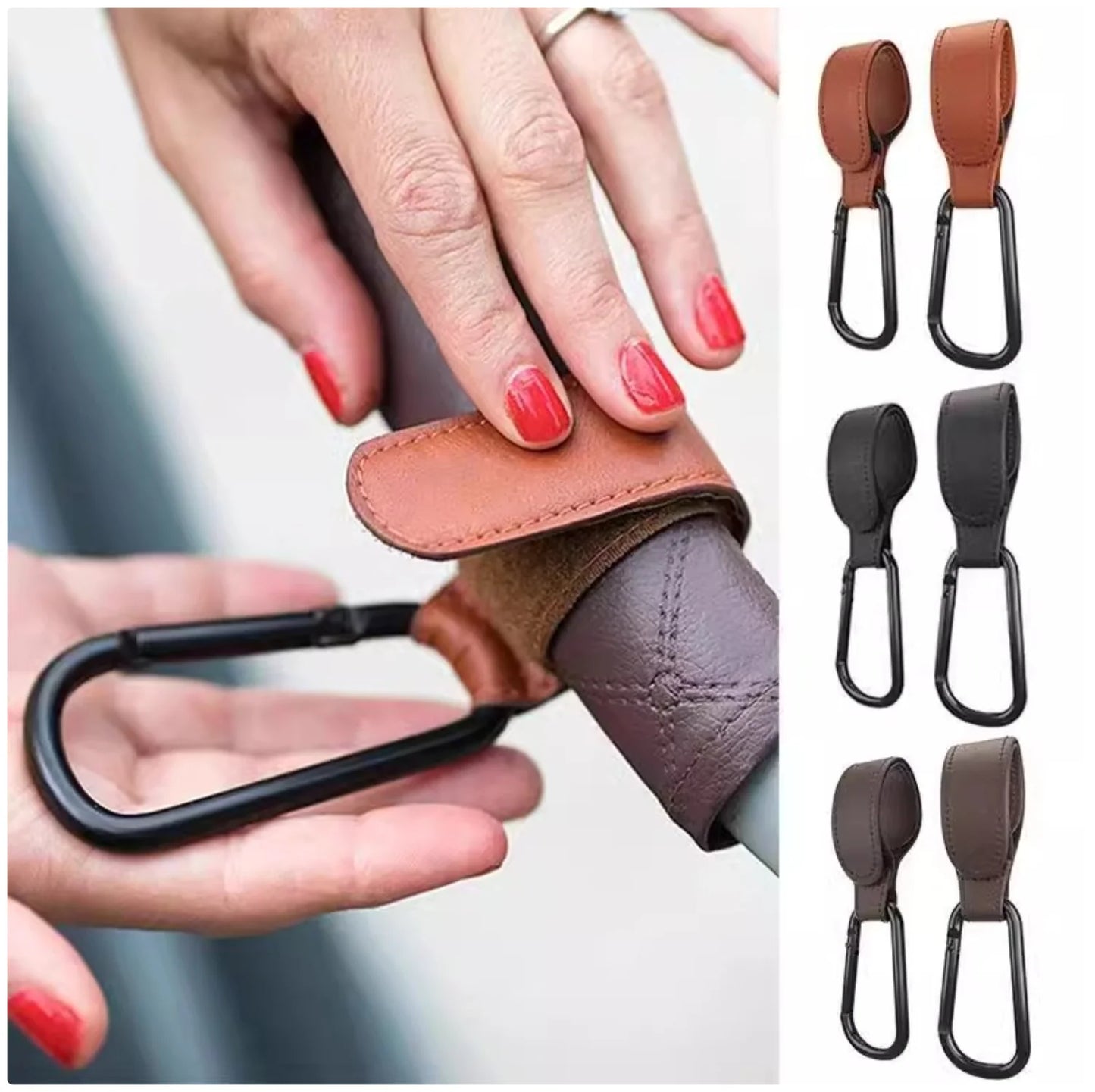 Premium PU Leather Stroller Hooks - 2 Pack Heavy Duty Stroller Organizer Hooks for Baby Carriage, Diaper Bags & Groceries