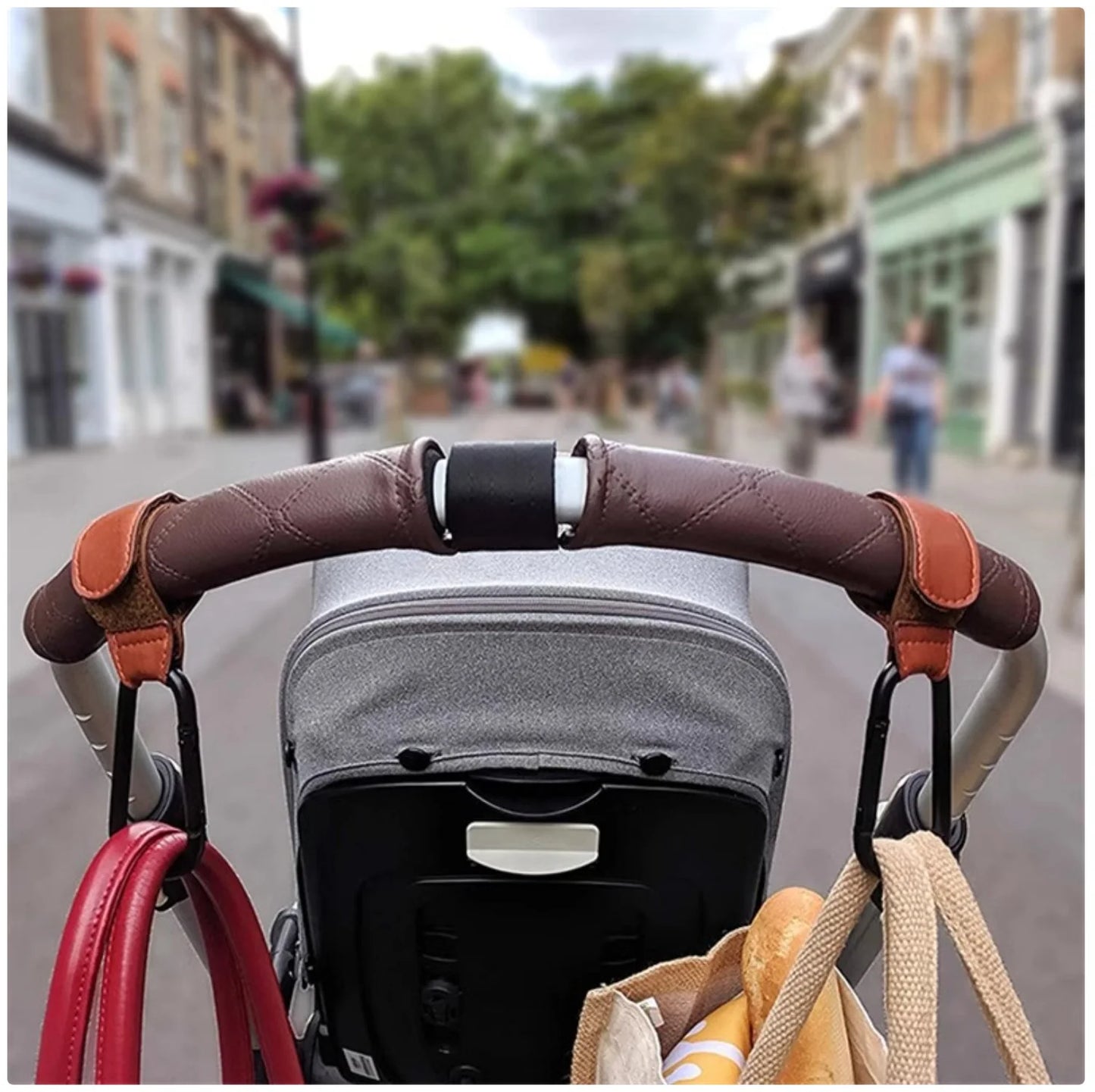 Premium PU Leather Stroller Hooks - 2 Pack Heavy Duty Stroller Organizer Hooks for Baby Carriage, Diaper Bags & Groceries