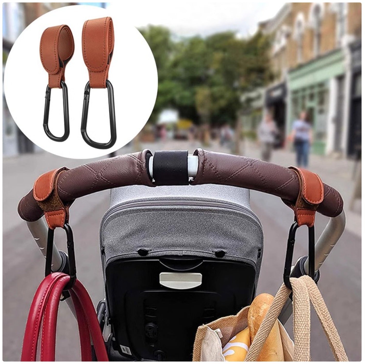 Premium PU Leather Stroller Hooks - 2 Pack Heavy Duty Stroller Organizer Hooks for Baby Carriage, Diaper Bags & Groceries