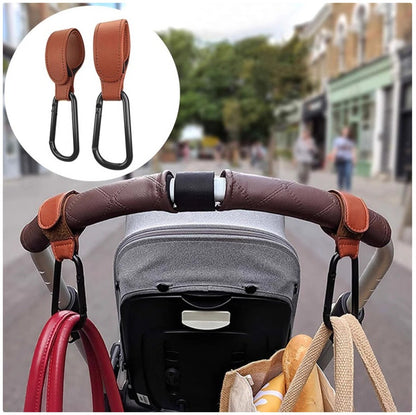 Premium PU Leather Stroller Hooks - 2 Pack Heavy Duty Stroller Organizer Hooks for Baby Carriage, Diaper Bags & Groceries