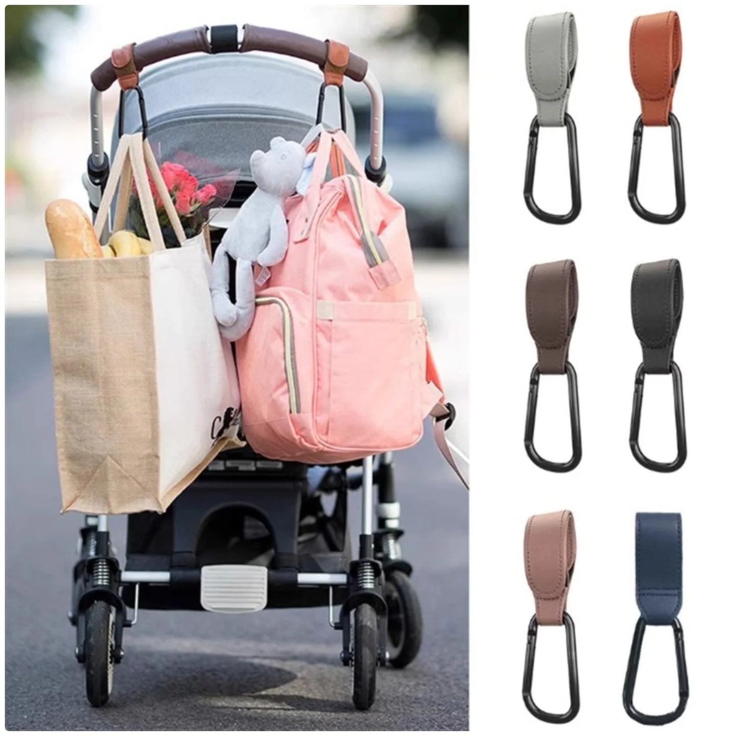 Premium PU Leather Stroller Hooks - 2 Pack Heavy Duty Stroller Organizer Hooks for Baby Carriage, Diaper Bags & Groceries
